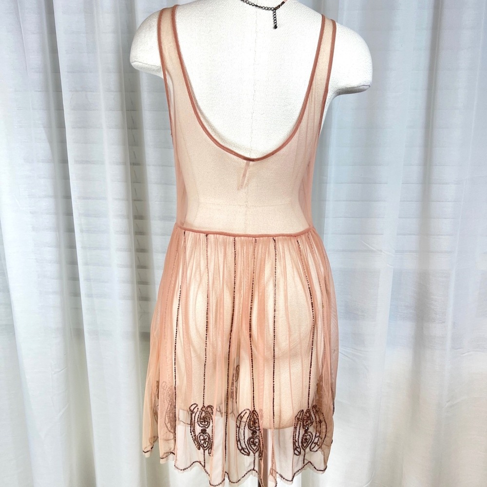 Free People Sheer Pink Beaded Mesh Dress Art Deco Womens Size M Flapper Boho - Picture 4 of 8